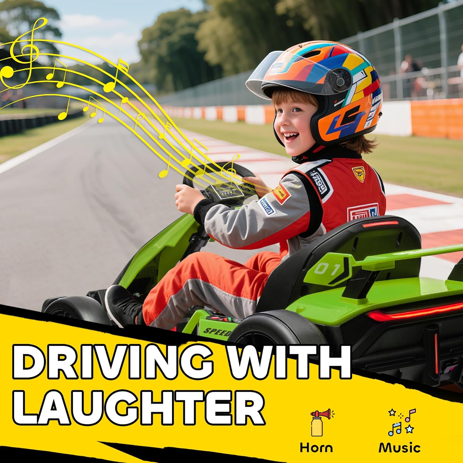 Elektrisches Kinder-Kart 6–12 Jahre, 24V, 6–12 km/h, mit verstellbarem Sitz, 2 Motoren, Drift-Kart mit Hupe, Licht und Musik, Grün