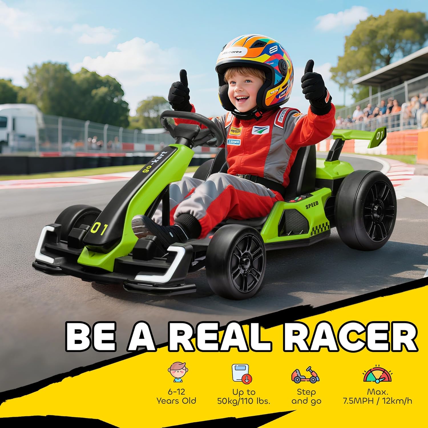Elektrisches Kinder-Kart 6–12 Jahre, 24V, 6–12 km/h, mit verstellbarem Sitz, 2 Motoren, Drift-Kart mit Hupe, Licht und Musik, Grün