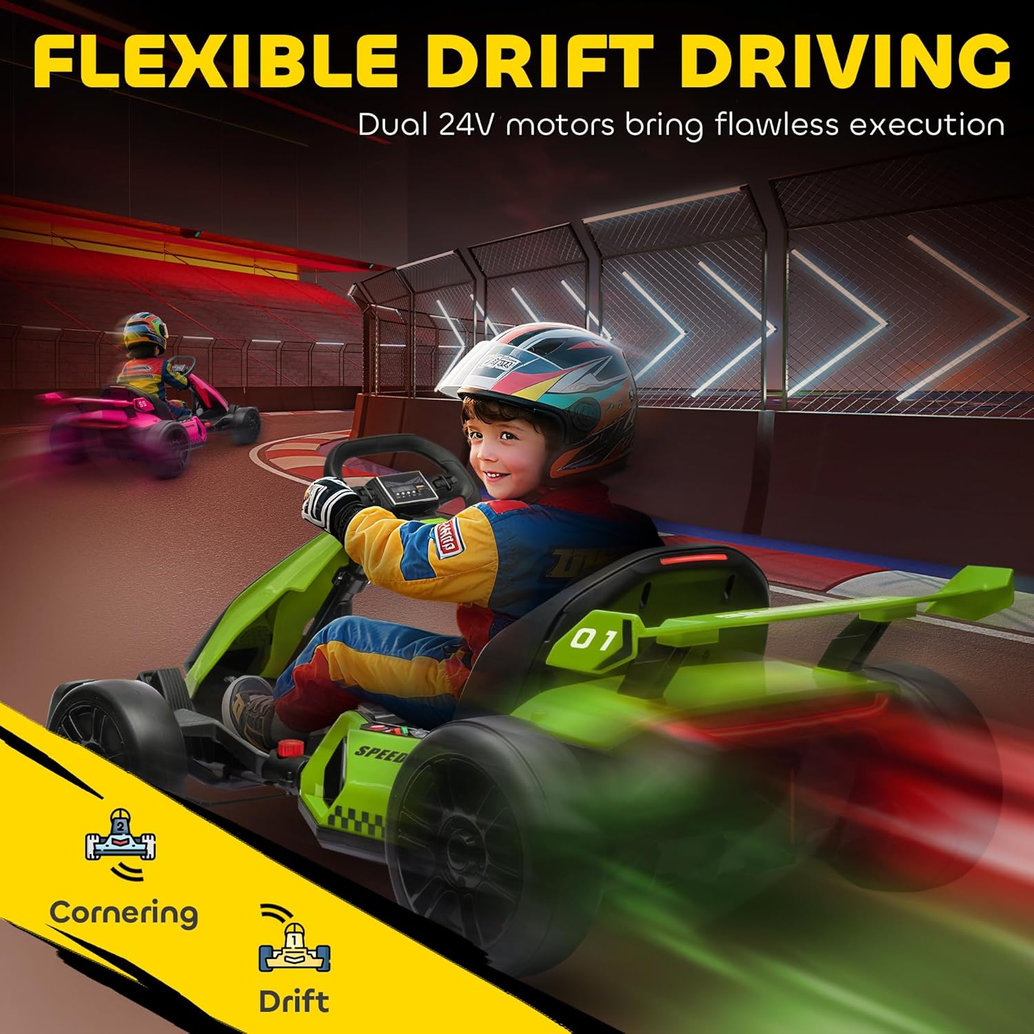 Elektrisches Kinder-Kart 6–12 Jahre, 24V, 6–12 km/h, mit verstellbarem Sitz, 2 Motoren, Drift-Kart mit Hupe, Licht und Musik, Grün