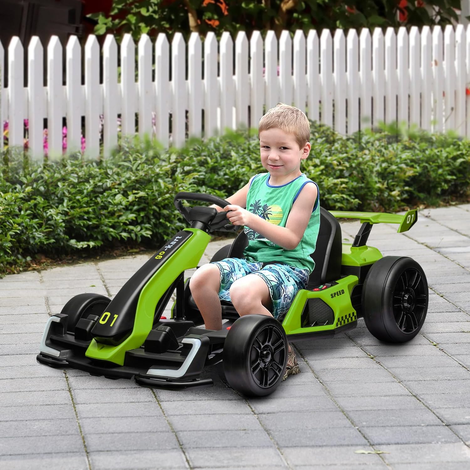 Elektrisches Kinder-Kart 6–12 Jahre, 24V, 6–12 km/h, mit verstellbarem Sitz, 2 Motoren, Drift-Kart mit Hupe, Licht und Musik, Grün